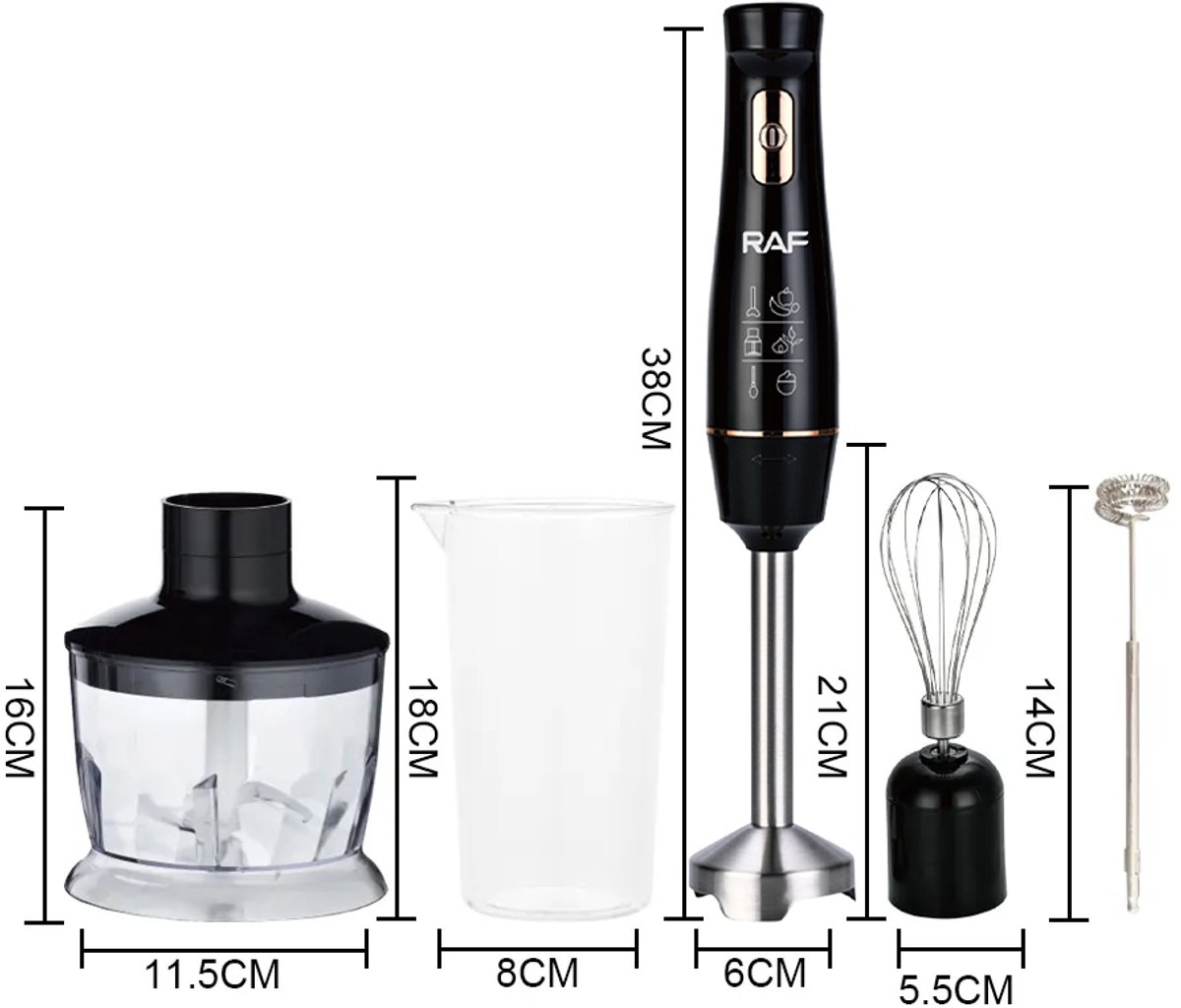 RAF - Staafmixer Set - 5-in-1 - Hand Blender - Elektrische Handmixer - Klopper - Staafmixer - BPA-vrij - Extreem Krachtig - Hakmolen - Garde - Maatbeker - Mengstaaf - Ook voor IJsklontjes - Complete Set - Melkopschuimer - Foodprocessor — afbeelding 5