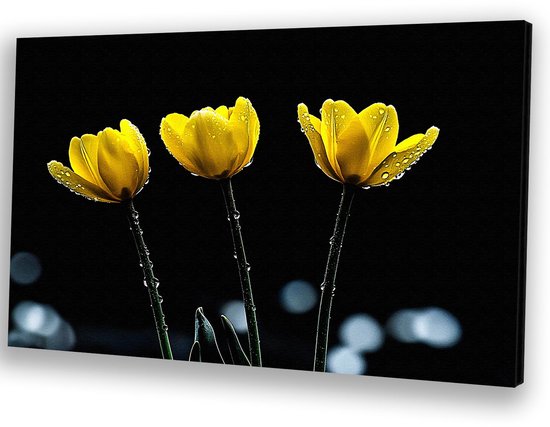 Gele bloemen met waterdruppels - Bloemen schilderijen canvas - Muurdecoratie canvas natuur - Realistische kunst - Modern schilderij - Schilderijen & posters - canvas 60x40 cm