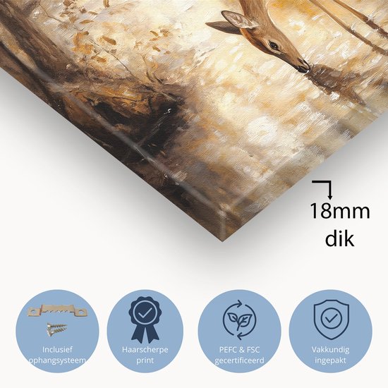 Hert drinkt bij bosbeekje - Hertje wanddecoratie - Canvas schilderij hert - Realisme - Klassieke schilderijen - Wanddecoratie - canvas 60x40 cm