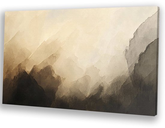 Mystiek berglandschap in aardetinten - Bergen muurdecoratie - Schilderij op canvas landschap - Aquarel - Vintage schilderij - Decoratie muur - canvas 70x50 cm