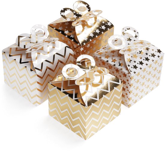 Belle Vous Coffrets Cadeaux de Fête Wit et Dorés avec Noeuds (Lot de 36) - 9,5 x 8 cm - Sacs Goodie Gable Zig Zag & Star Loot - Anniversaires d'Enfants, Nourriture, Baby Shower & Mariages