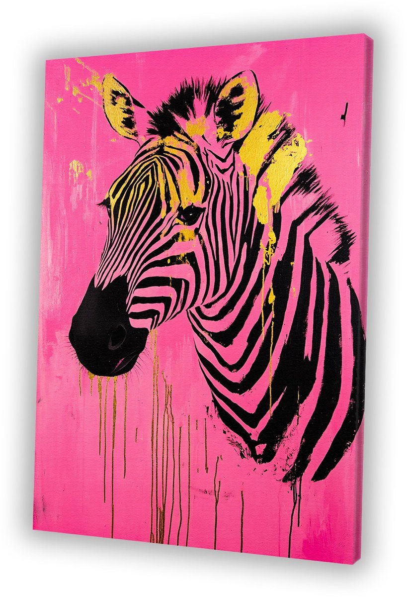 Moderne zebra op roze achtergrond - Zebra schilderij op canvas - Schilderij op canvas dier - Pop Art - Schilderij vintage - Wanddecoratie - Canvas 75x100 cm