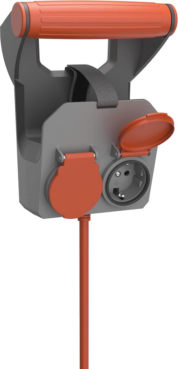Verlengkabel 10 meter met Dubbel Stopcontact - IP44, 3680W, Wandhouder, Oranje