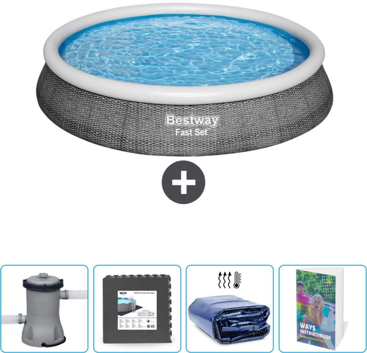 Bestway Rond Opblaasbaar Fast Set Zwembad - Rotanprint - 396 x 84 cm - Inclusief Pomp Vloertegels - Solarzeil - Zwembadgids