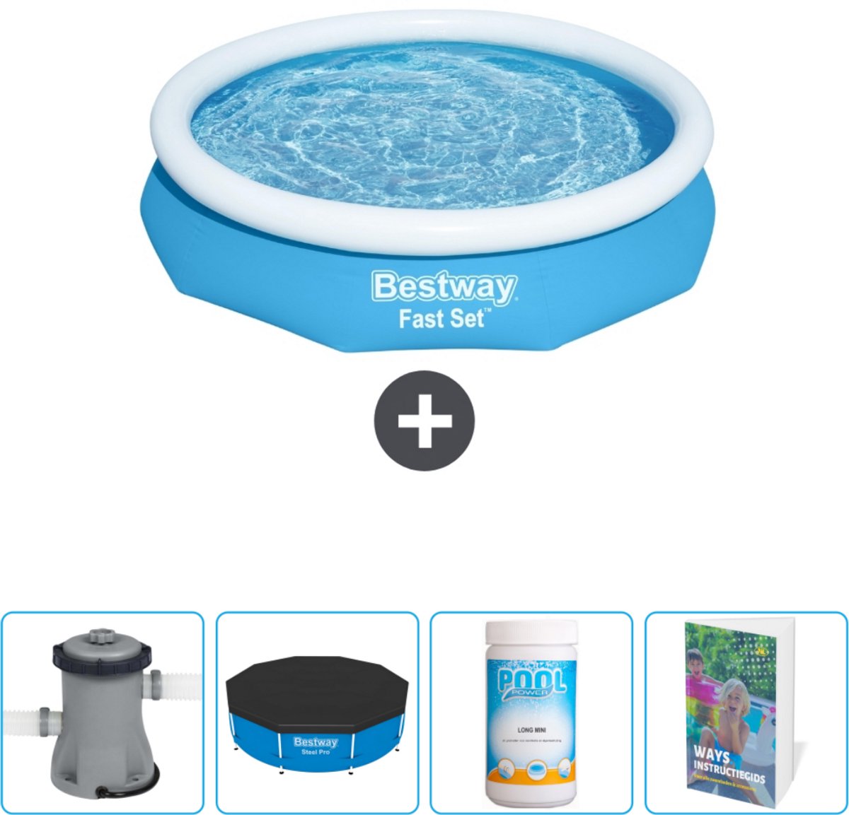 Bestway Rond Opblaasbaar Fast Set Zwembad - 305 x 66 cm - Blauw - Inclusief Pomp Afdekzeil - Chloor - Zwembadgids