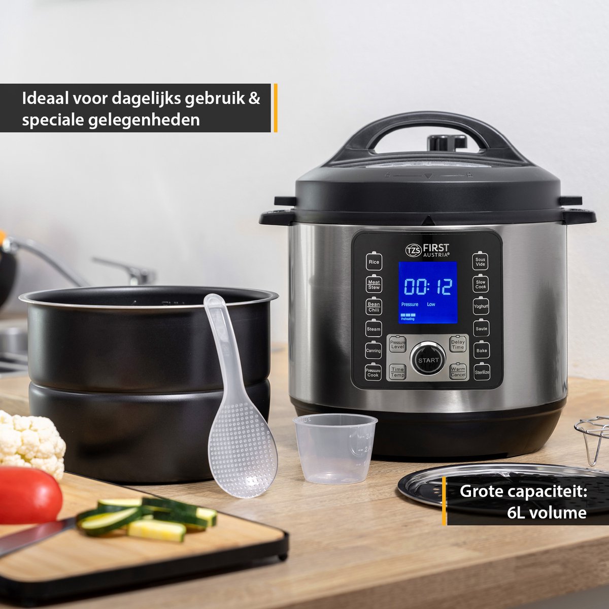 Afbeelding 3 van TZS First Austria Multicooker - 6L - 1000W - Snelkookpan - Rijstkoker - 12 Kookfuncties - RVS - Timer - Zilver