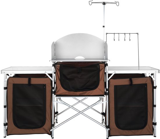 Camping Keukentafel, Opvouwbaar Outdoor Kookstation met Opbergtas, Aluminium Tafel met 3 Kastjes En Verwijderbaar Windscherm, Snel Op Te Zetten voor Picknicks, Barbecues, Bruin — afbeelding 3