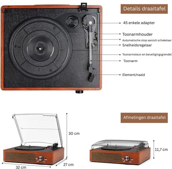Platenspeler Bluetooth - CD Speler met Speakers - Vintage - Bruin — afbeelding 2