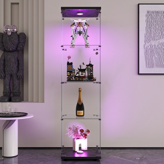 Vitrine en verre avec LED, Vitrine moderne avec 4 étagères en verre ESG, Vitrine de collection pour Bar, Salon, 164 x 42,5 x 36,5 cm, Zwart