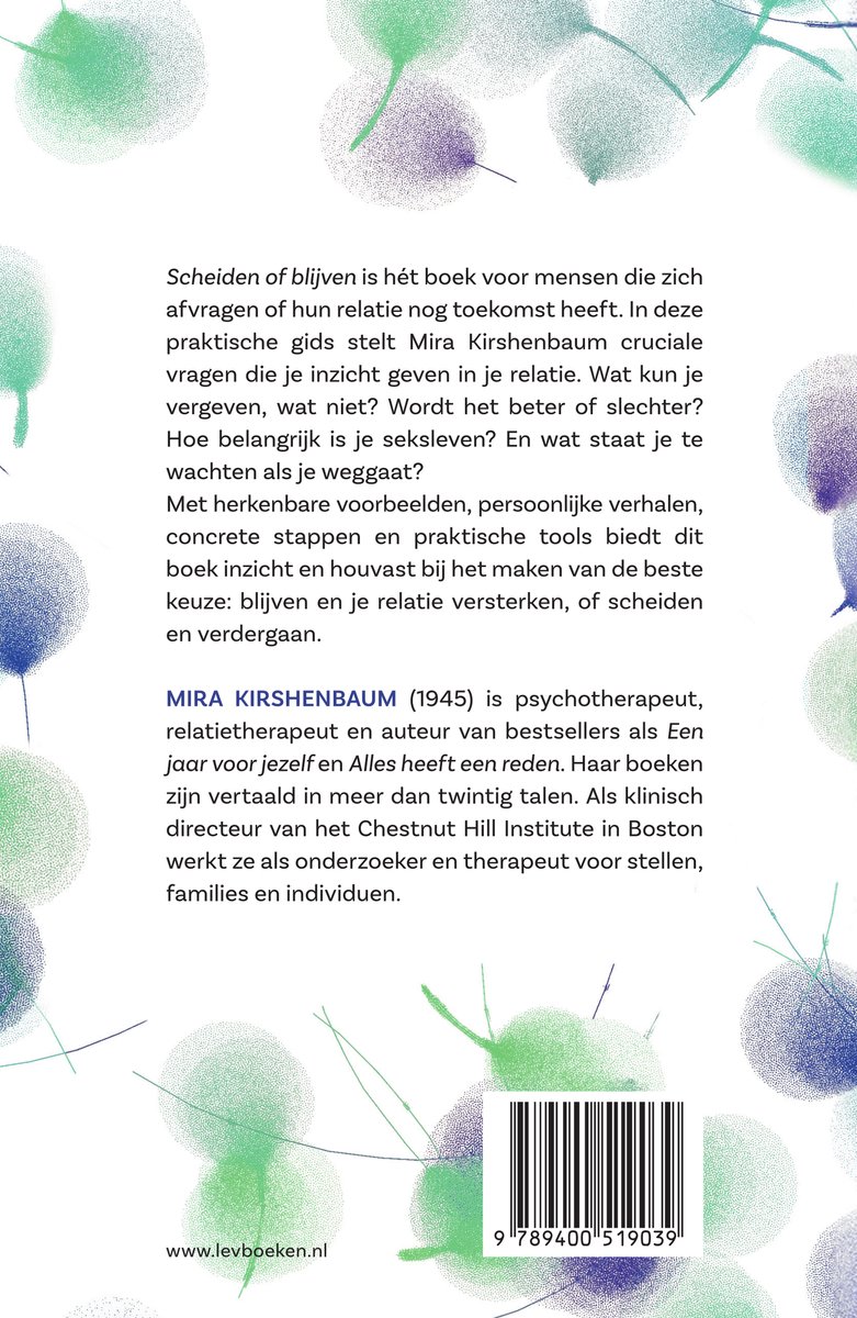 Achterkant van het boek "Scheiden of blijven" met tekst en een barcode.