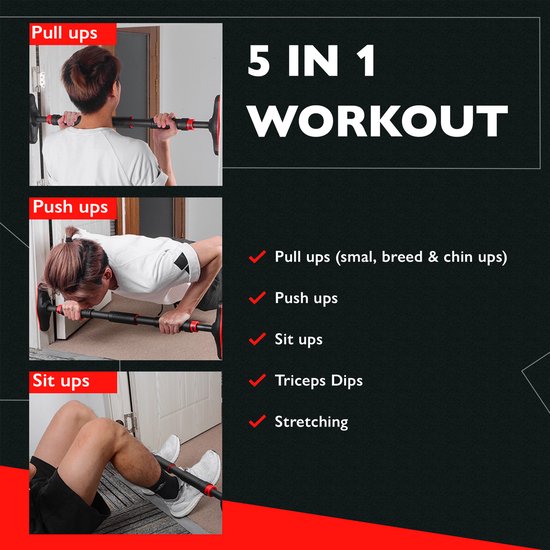 Zoluko Professionele Pull Up Bar - 200kg Draagkracht - Incl. E-book - Eenvoudige Bevestiging - Optrekstang Fitness - Pull Up Station voor Thuis Sporten - Chin Up Bar - Zwart/Rood