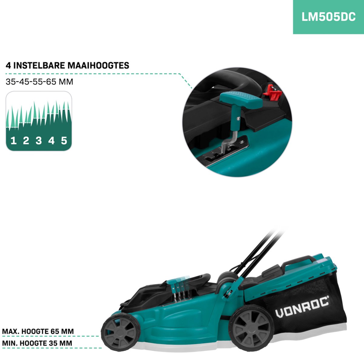 VONROC Accu Grasmaaier – 40V – 38 cm maaibreedte - Vier instelbare maaihoogtes: 35/45/55/65 mm - Incl. 45L Opvangbak - Excl. Accu’s en snellader – foto 5