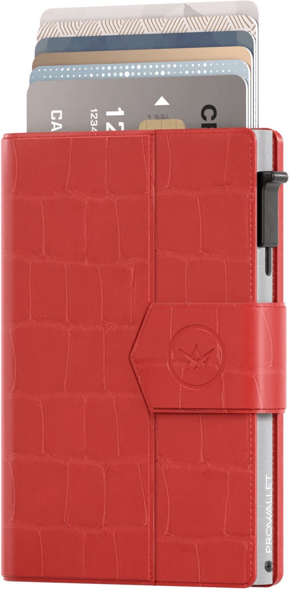 Prowallet Plus - Croco Rood - Pasjeshouder voor 8 pasjes, briefgeld en muntgeld - Uitschuifbaar - RFID Creditcardhouder - Kaarthouder Portemonnee, Premium Pashouder voor Vrouwen - Aluminium, Kunstleer - Incl. Luxe Cadeaubox