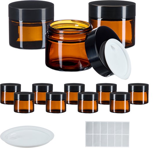 Creme potjes met deksel - set van 12 - 60 ml - etiketten - leeg - bruin glas