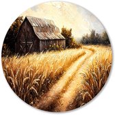Schuur in gouden tarweveld - Landschap schilderij rond - Rond wandpaneel schuur - Impressionisme - Design wandcirkel aluminium - Kantoor accessoires - muurcirkel aluminium 60x60 cm