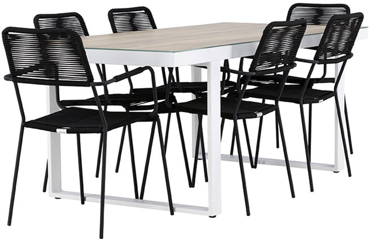 Merlo tuinmeubelset tafel 90x200cm wit, 6 stoelen zwart.
