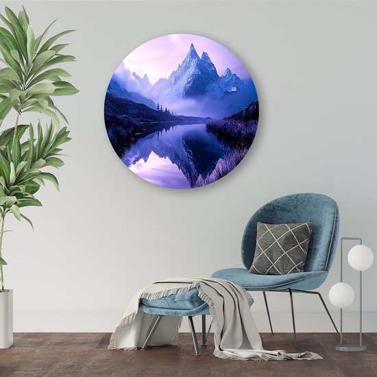 Betoverend berglandschap met reflectie - Bergen schilderij rond - Rond wandpaneel reflectie - Surrealisme - Aluminium - Woondecoratie industrieel - muurcirkel aluminium 60x60 cm