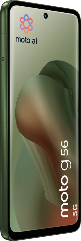 Groene Motorola Moto G56 5G smartphone met een afbeelding van kleurrijke cirkels en tekst 'moto ai' op het scherm.