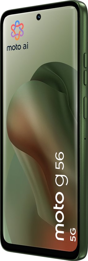 Vooraanzicht van een groene Motorola moto g 56 5G telefoon met 'moto ai' logo.