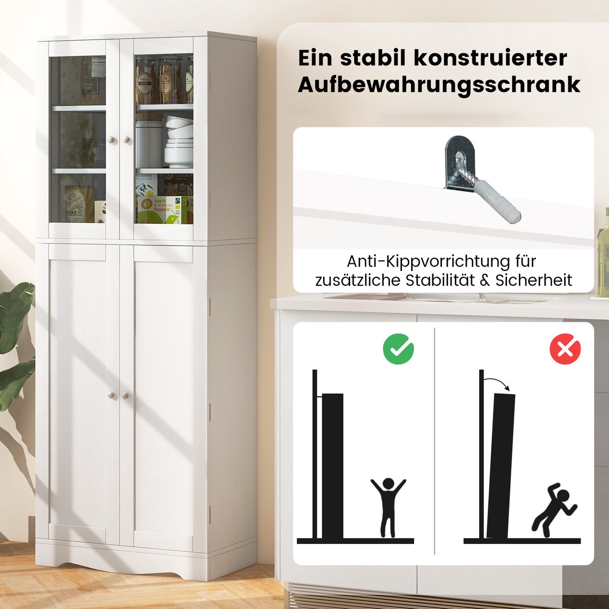 Costway Keukenkast van hout, hoge kast met glazen deuren, keukenbuffet, vrijstaand, multifunctioneel, met kantelbeveiliging, opbergkast voor keuken, eetkamer, woonkamer, 60 x 31,5 x 161,5 cm — cadeau in Cadeau-ideeën - foto 6