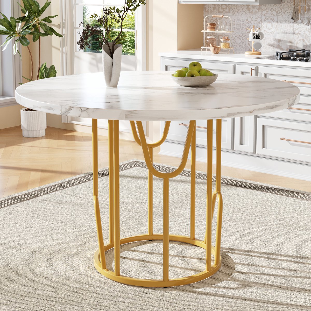 SINGULARITY Ronde eettafel - (80 x 80 x 76 cm) - Voor 4-6 personen - MDF - Marmeren blad - Gouden poten