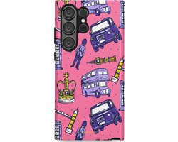 Casetastic hoesje geschikt voor Samsung Galaxy S23 Ultra - Dubbellaagse bescherming - Brits London Roze Avontuur - Londen - Fashion Case - Koraal Lavendel Grijs Donkerblauw