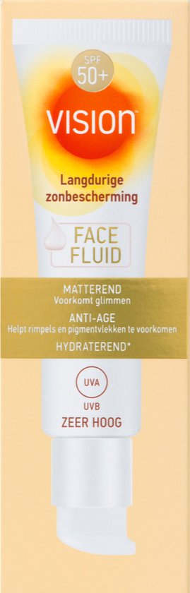 Een witte tube met "vision" logo, SPF 50+, Langdurige. De tekst "FACE FLUID" staat in een kader. De band eronder is goudkleurig met de tekst "MATTEREND, ANTI-AGE, HYDRATEREND".