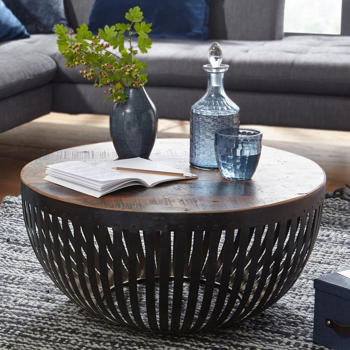 Ibenzoa Industriële Houten en Metalen Koffietafel met Wire Mesh Elementen - 70 x 33 x 70 cm bruiin