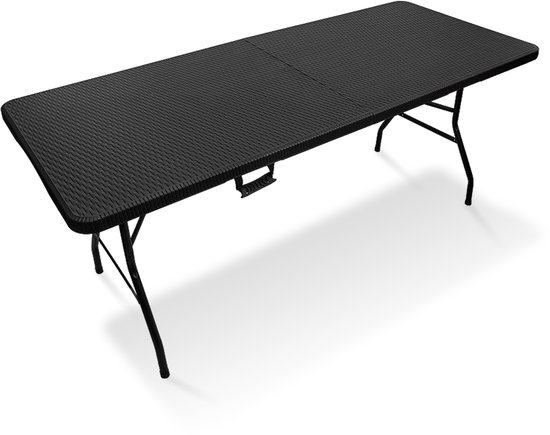 Zwarte, rechthoekige klaptafel met rotan-look patroon en metalen poten.