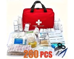 EHBO Set 260-delig – Eerste Hulp Kit voor Thuis, Auto, Camping en Outdoor – Compact & Draagbaar – Inclusief Schaar en Pincet – Rood