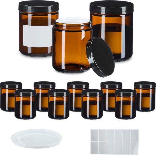 cosmetica potjes met deksel - set van 12 - 240 ml - bruin glas