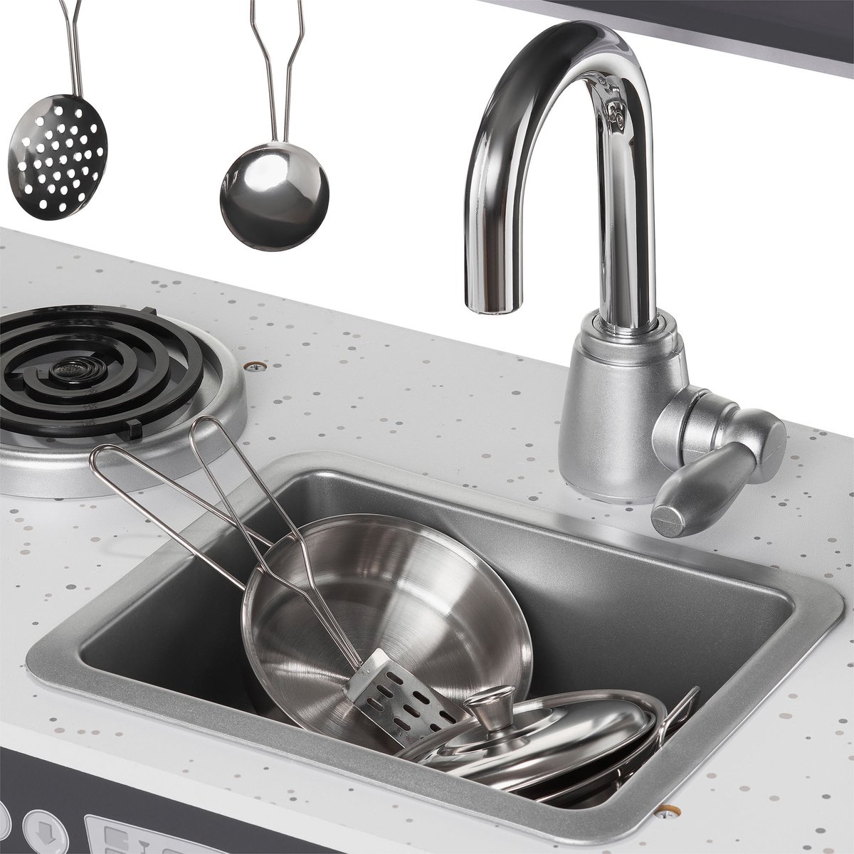 Keukentje Mamabrum XL Speelgoed houten speel keuken kinderkeukentje Speelkeuken eten speelgoedkeukentje Met accesoires pannen keukengerei set speelkeukentjes en toebehoren koken keukenschort keukenset kinderen voor ook 2 jaar, Hout, Grijs — afbeelding 3
