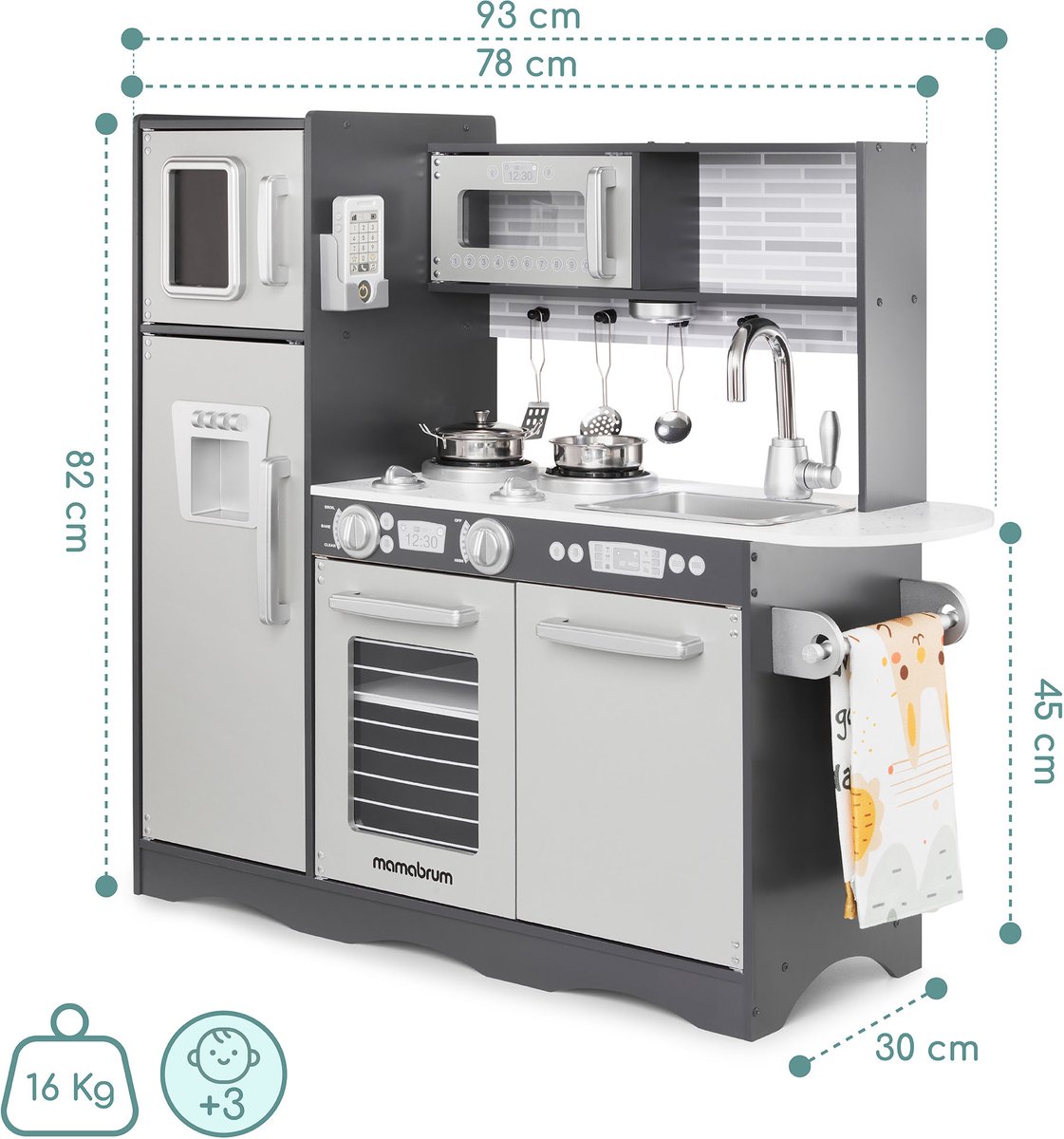 Keukentje Mamabrum XL Speelgoed houten speel keuken kinderkeukentje Speelkeuken eten speelgoedkeukentje Met accesoires pannen keukengerei set speelkeukentjes en toebehoren koken keukenschort keukenset kinderen voor ook 2 jaar, Hout, Grijs — afbeelding 16