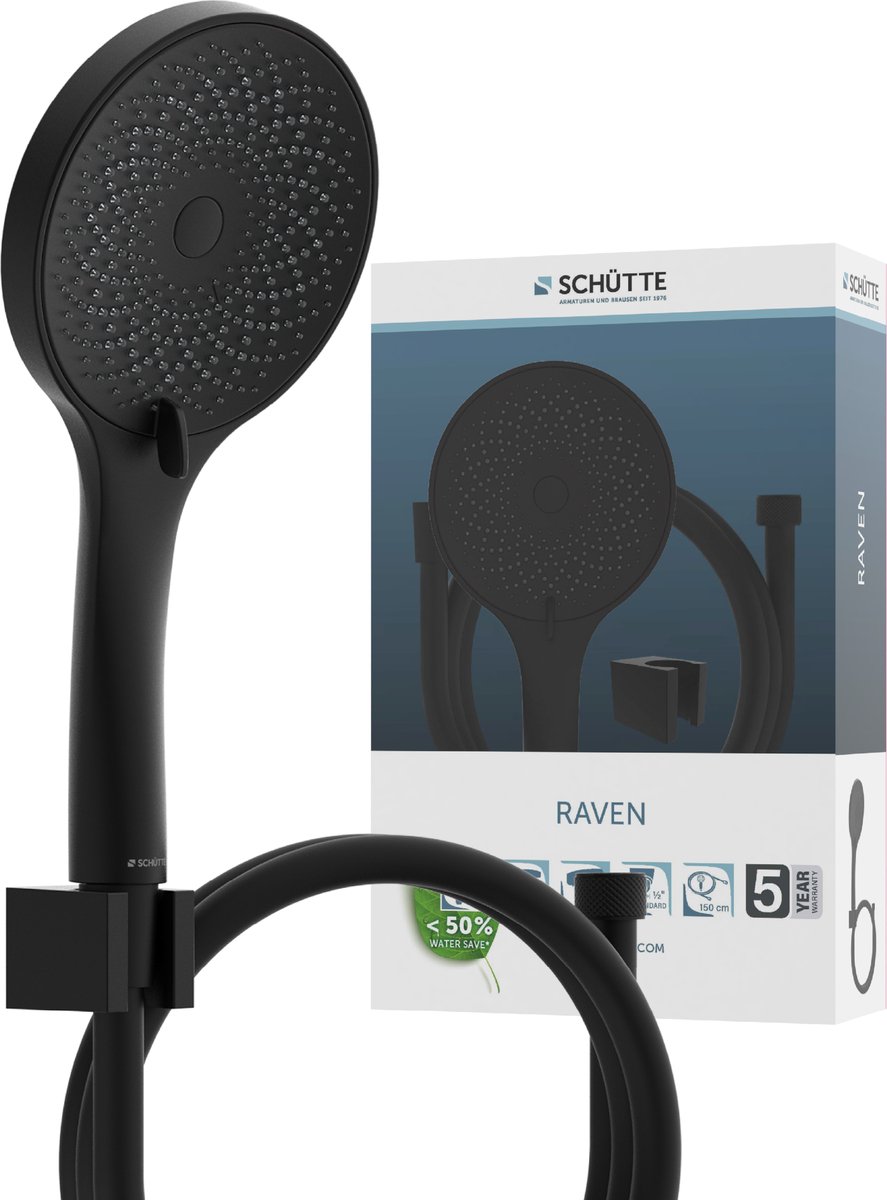 SCHÜTTE RAVEN Badset inclusief Handdouche, Slang en Wandsteun - ø 12,5 cm - 3 Standen - Mat Zwart