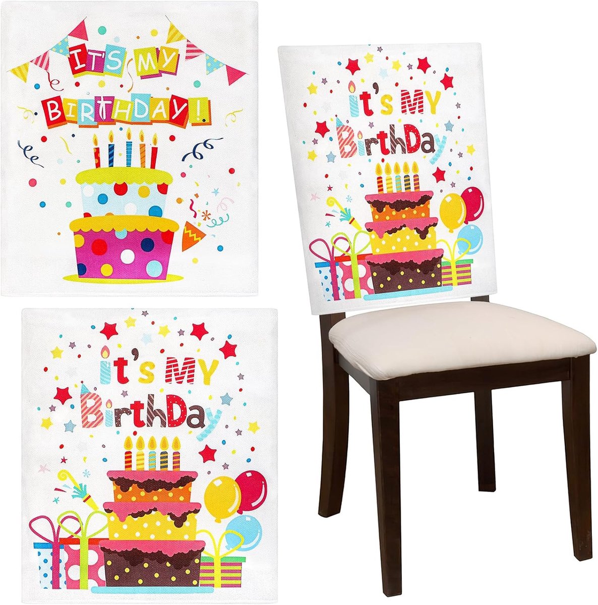 Allecto Premium: Verjaardagsstoelhoes (2 stuks) voor kinderverjaardag en feestdecoratie in kleurrijk design