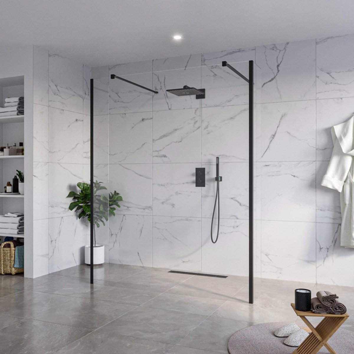 FugaFlow Eccelente Vetro Vrijstaande inloopdouche badkamer - 160x200cm - Helder - antikalk - 8mm veiligheidsglas - 2 zijwanden 30cm - met wandarmen en hoekprofielen - Zwart mat -