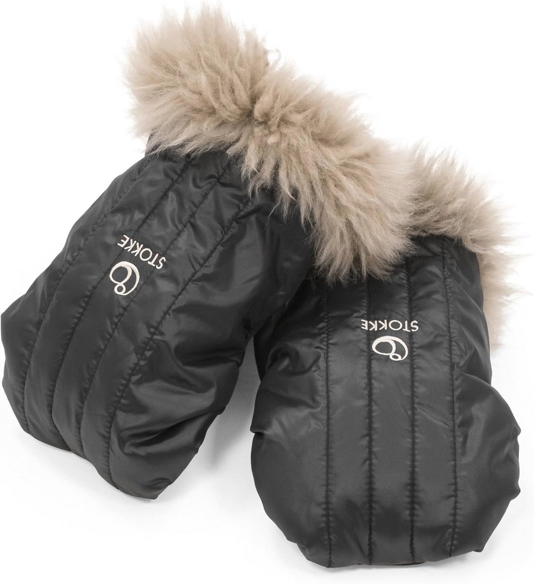 Kinderwagen wanten - Onyx zwart - fleece voering en schapenvacht manchetten - Bevestigbare wanten voor wandelen