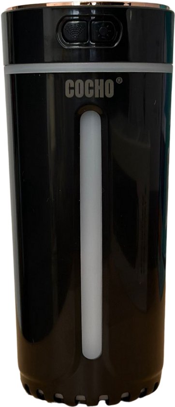 Zwarte COCHO aroma diffuser met een helder, langwerpig waterniveau-indicator.