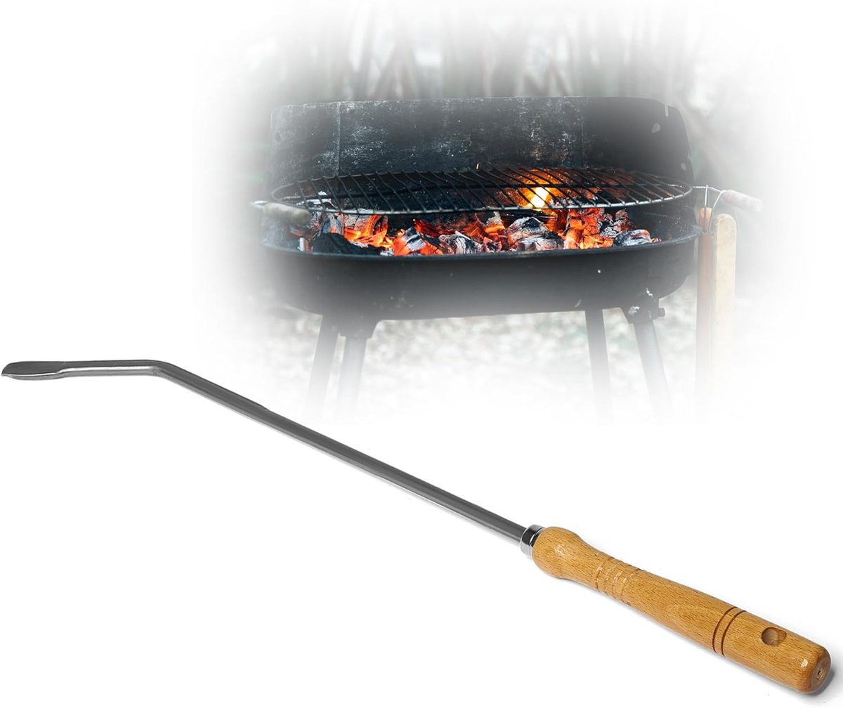 Kachelijzer met houten handvat, pook, sintelschraper, haardaccessoires, haardgereedschap, vuurhaak, askrabber (1, Kachelijzer)