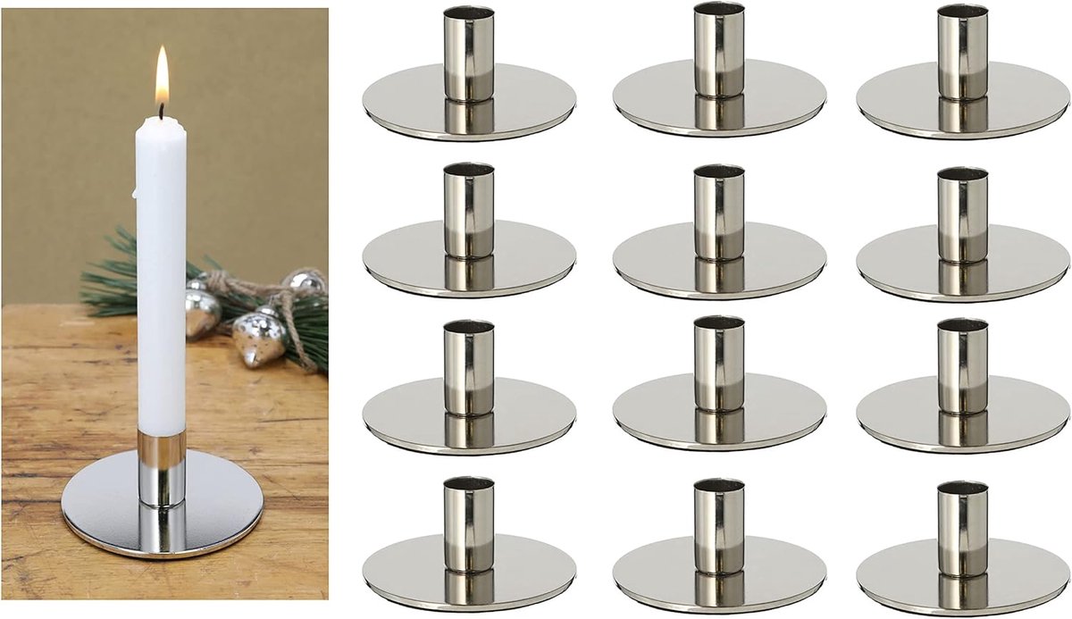 Novaliv Set van 12 kaarsenhouders, metaal, zilver, 10 x 5 cm, kersttafeldecoratie, kaarsenhouder, kaarsenspeld, scandinavische chique woondecoratie, vintage kaarsenhouder, retro woonkamerdecoratie, decoratieve schaal