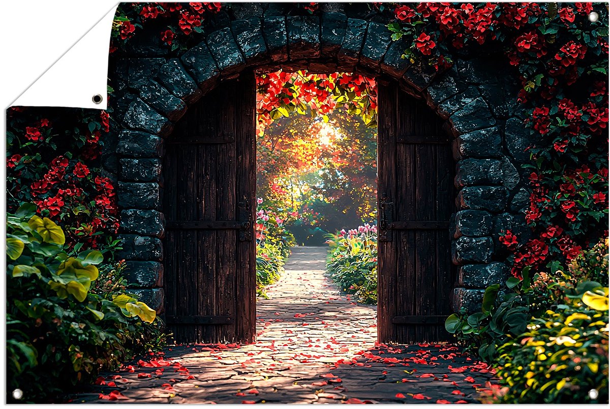 Tuinpoort met rode bloemen - Doorkijk - Tuinprints - Tuinschilderijen poort - Natuur - Wee