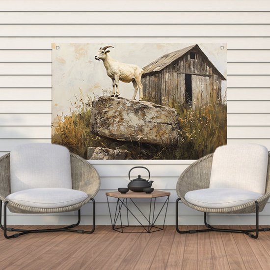 Chèvre sur rocher près de la grange - Impressions de jardin de chèvres - Tableaux de jardin animalières - Réalisme - Décoration pour murs extérieurs - Décoration design de jardin - Affiche de jardin 60x40 cm