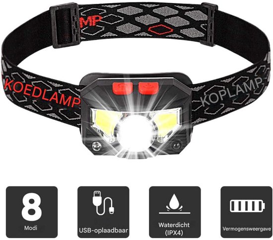 LED-koplamp - Met bewegingssensor - Oplaadbare USB-koplamp - 300LM - 8 verlichtingsmodi - IPX4 waterdicht - 30 uur continu - Geschikt voor vissen, kamperen, lezen, wandelen, fietsen — afbeelding 4