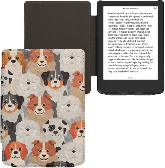 kwmobile e-reader hoesje geschikt voor Pocketbook Verse / Verse Lite / Verse Pro / Color / Vivlio Light/Light HD hoes - E reader flip case met magnetische sluiting - Ereader cover - Honden Ontwerp design in wit / lichtbruin / grijs van kwmobile — afbeelding 2