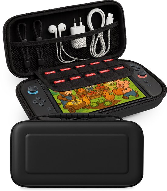 Zwarte hoes geopend met een Nintendo Switch 2 console, kabels, oordopjes en spelcartridges.