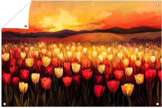 Tulpenveld bij zonsondergang - Bloemen posters - Tuinwanddecoratie tulpen - Impressionisme - Buitenschilderij schutting - Decoratieve tuinposter - tuinposter 60x40 cm