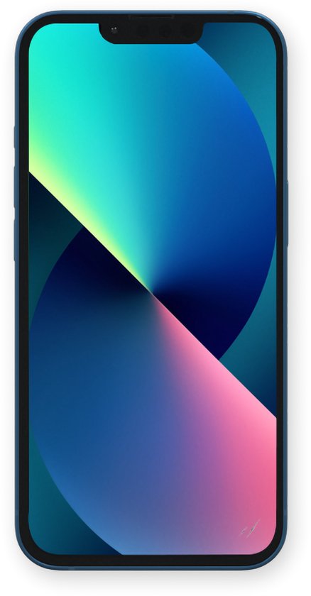 Blauw iPhone 13 mini met felgekleurd behang op het scherm.
