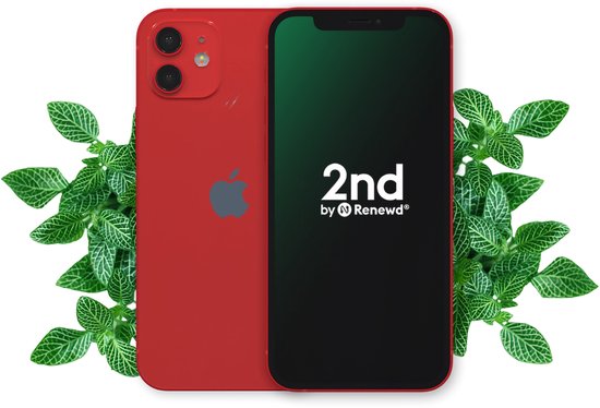 Rode iPhone met dubbele camera's en groene planten aan weerszijden.