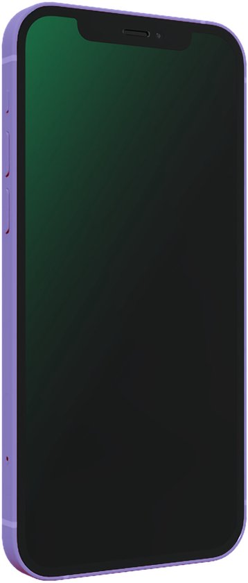 Zijkant van een paarse iPhone 12 met een groen, gesloten scherm.