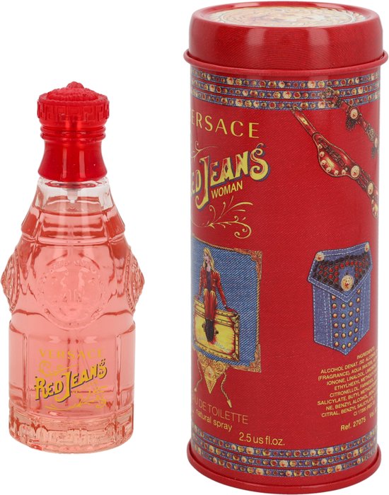 Glazen flesje Versace Red Jeans Woman eau de toilette met rode dop, naast de rode metalen verpakking.